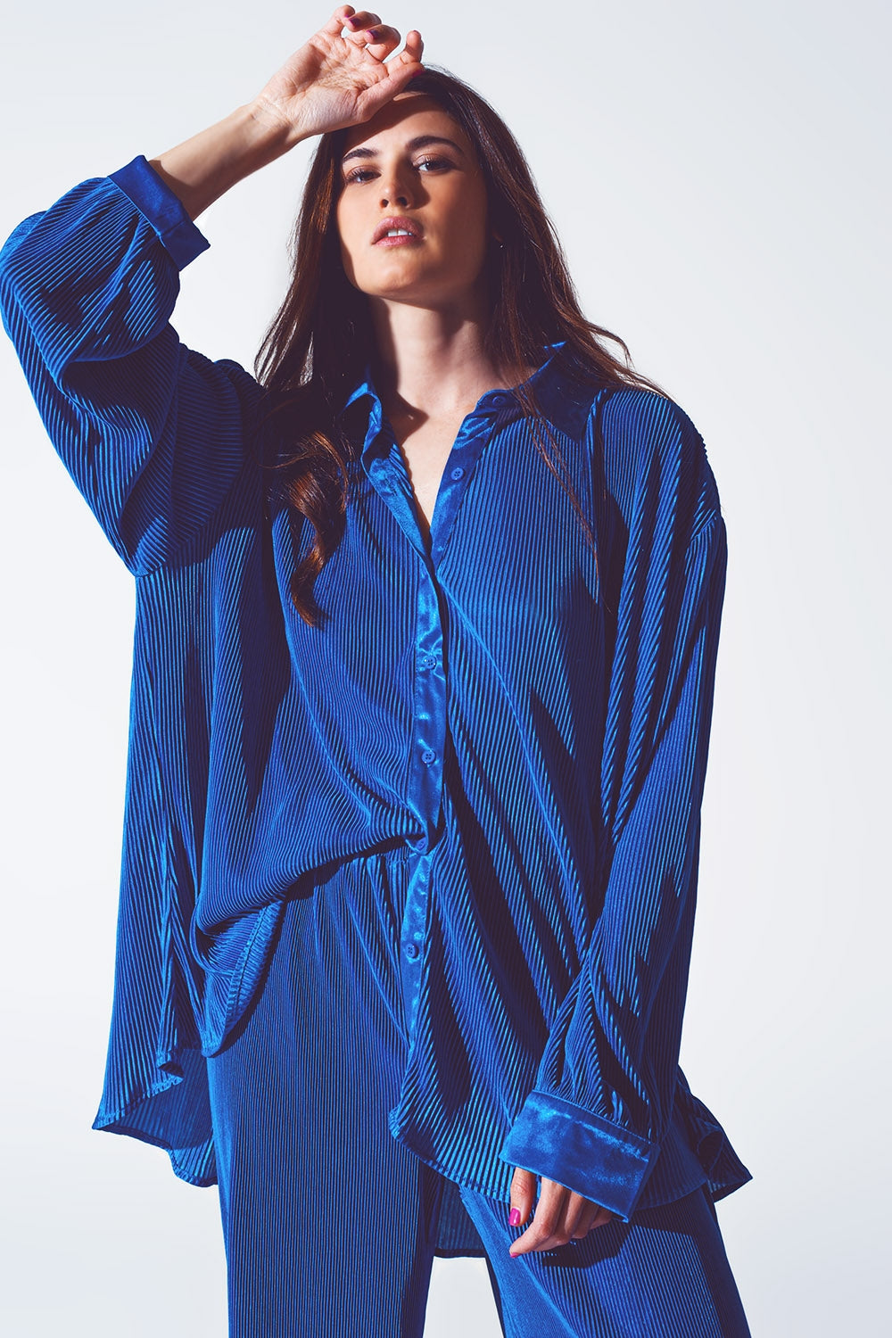 Camisa de Cetim Pregueada Relaxada em Azul