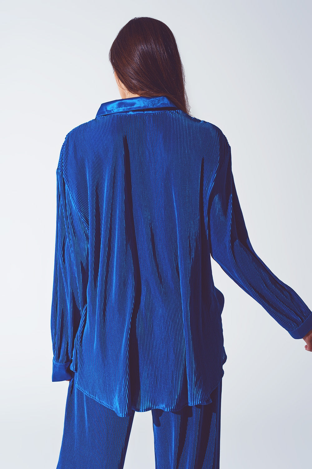 Camisa de Cetim Pregueada Relaxada em Azul