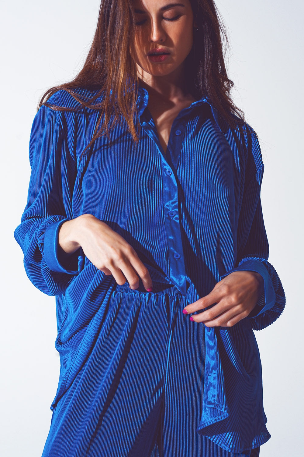 Camisa de Cetim Pregueada Relaxada em Azul
