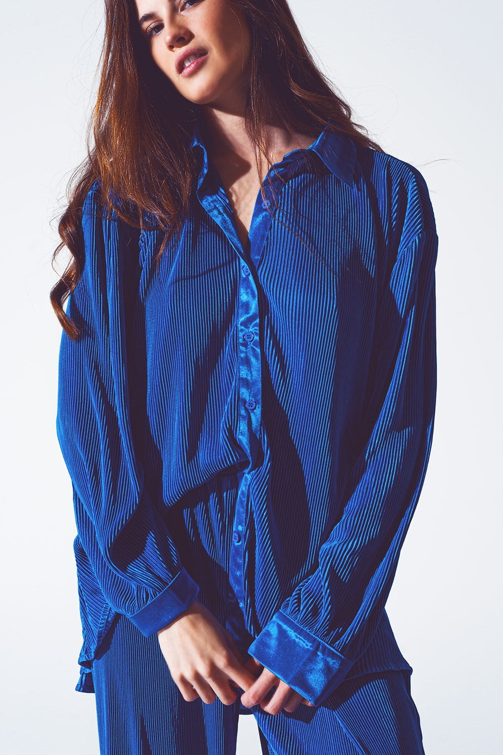 Camisa de Cetim Pregueada Relaxada em Azul