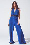 Macacão Maxi em azul plissado com alças de cetim
