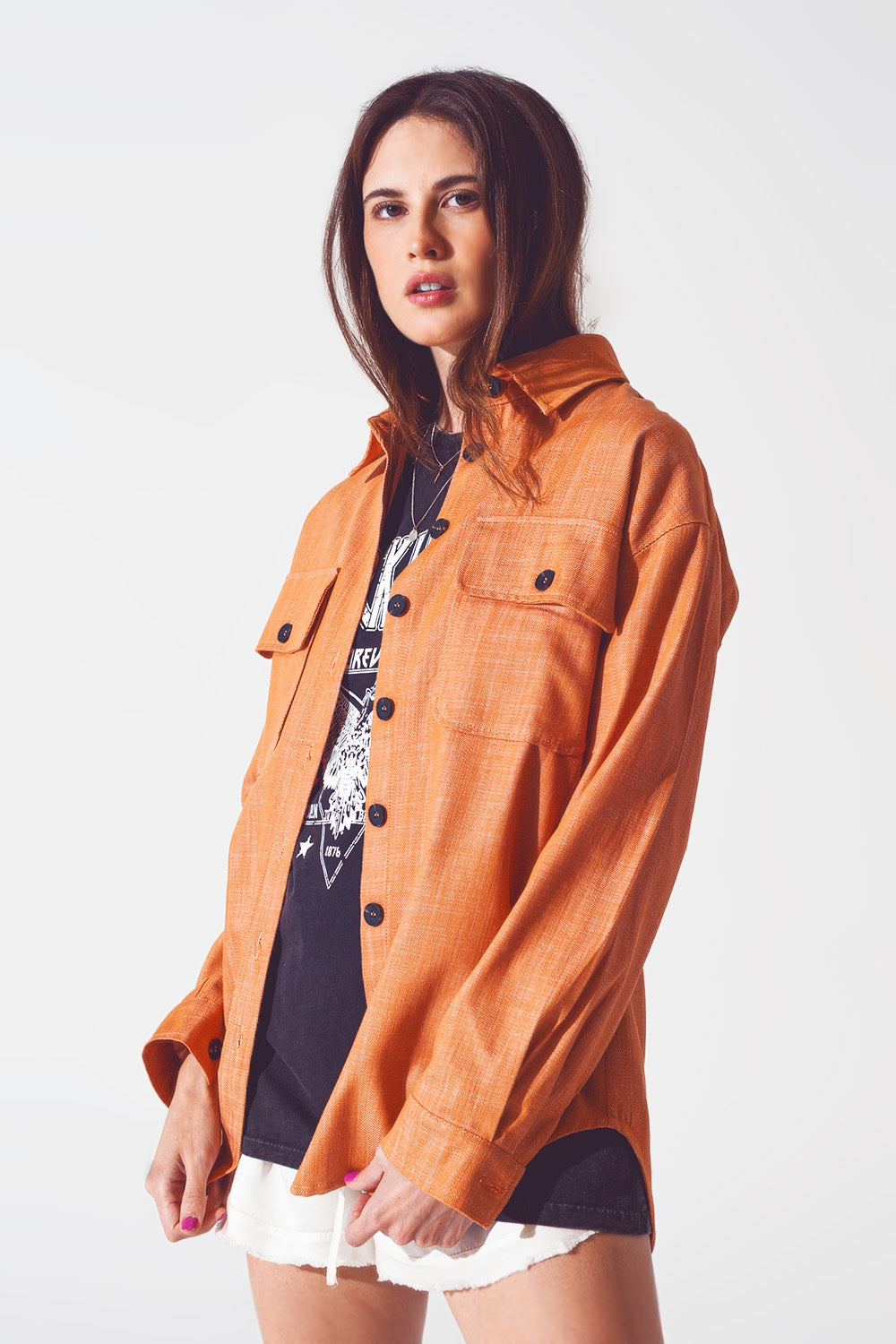 Shacket de manga comprida em laranja