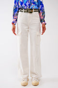 Jeans cargo de perna reta em branco