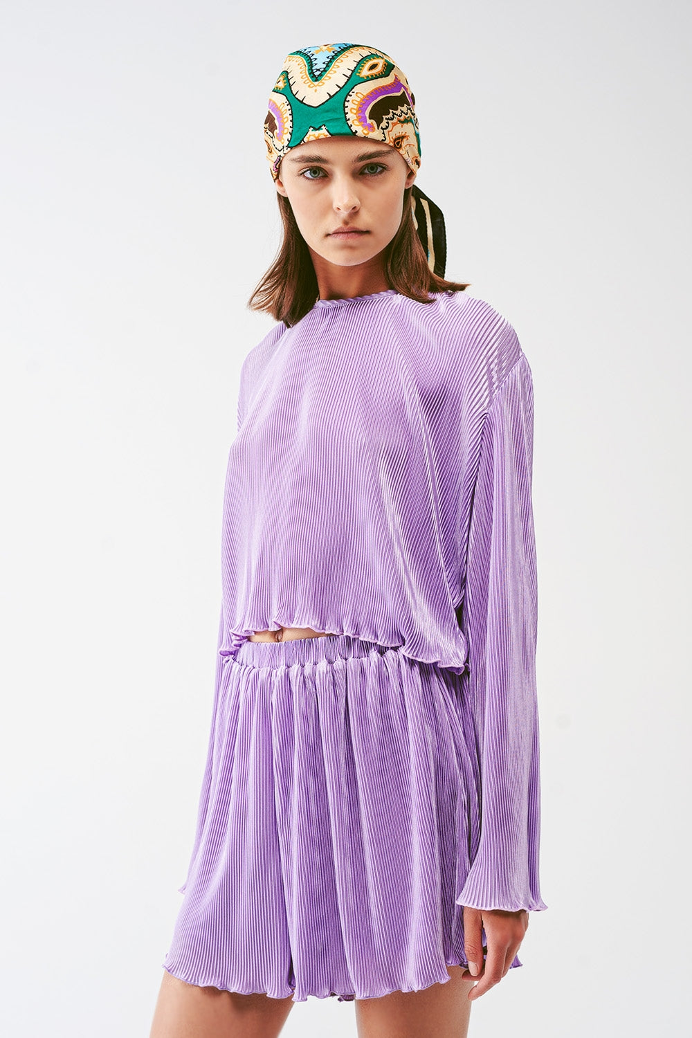Crop Top plissado com gola redonda em lila