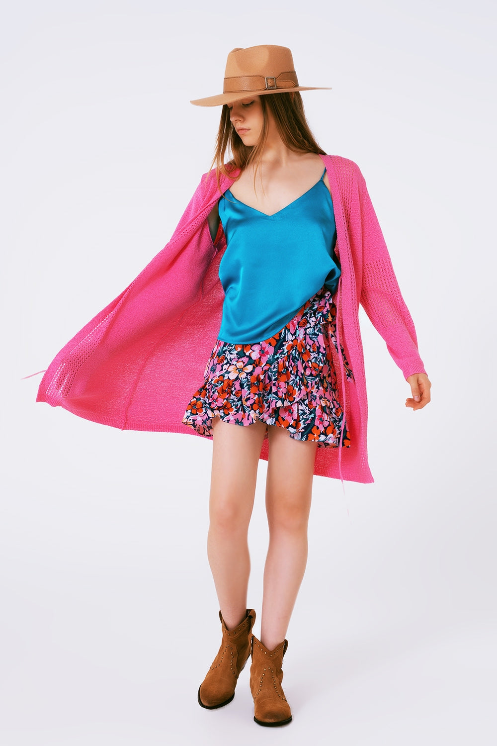 Cardigan de crochê midi com cordão ajustável em Rosa