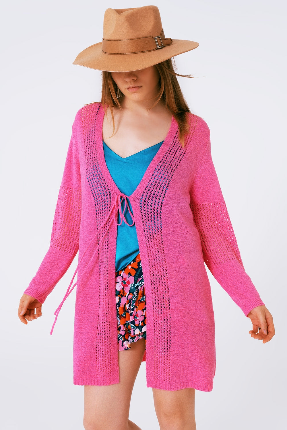 Cardigan de crochê midi com cordão ajustável em Rosa