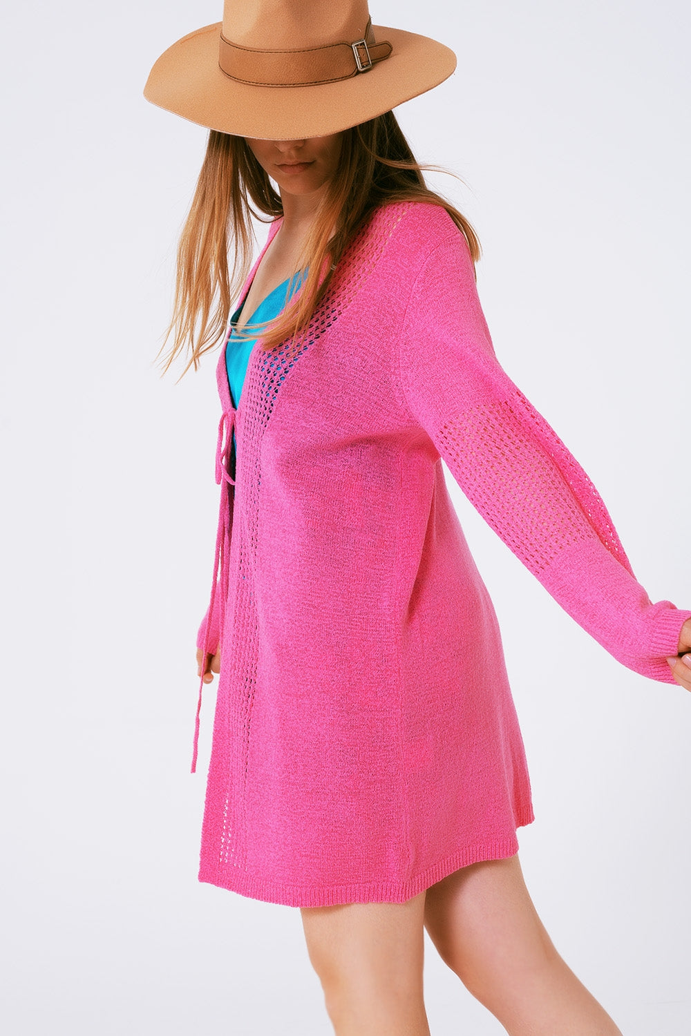 Cardigan de crochê midi com cordão ajustável em Rosa
