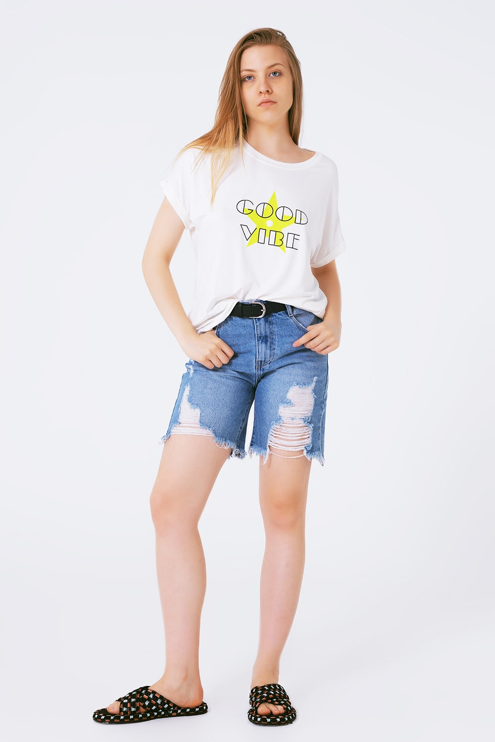 Camisetas Colarinho de barco Desenho amplo Impressão good Vibe fluor