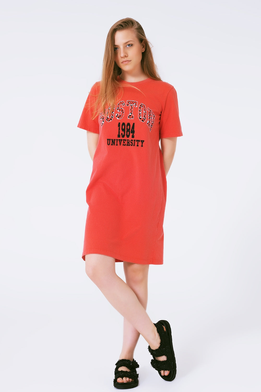 Vestido midi vermelho estilo camiseta Boston 1984 Universidade