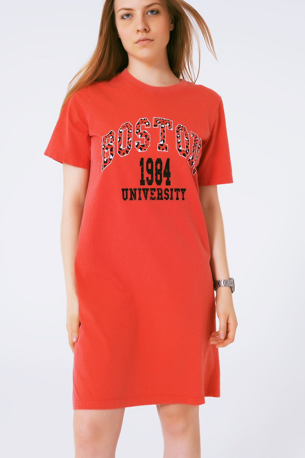 Vestido midi vermelho estilo camiseta Boston 1984 Universidade