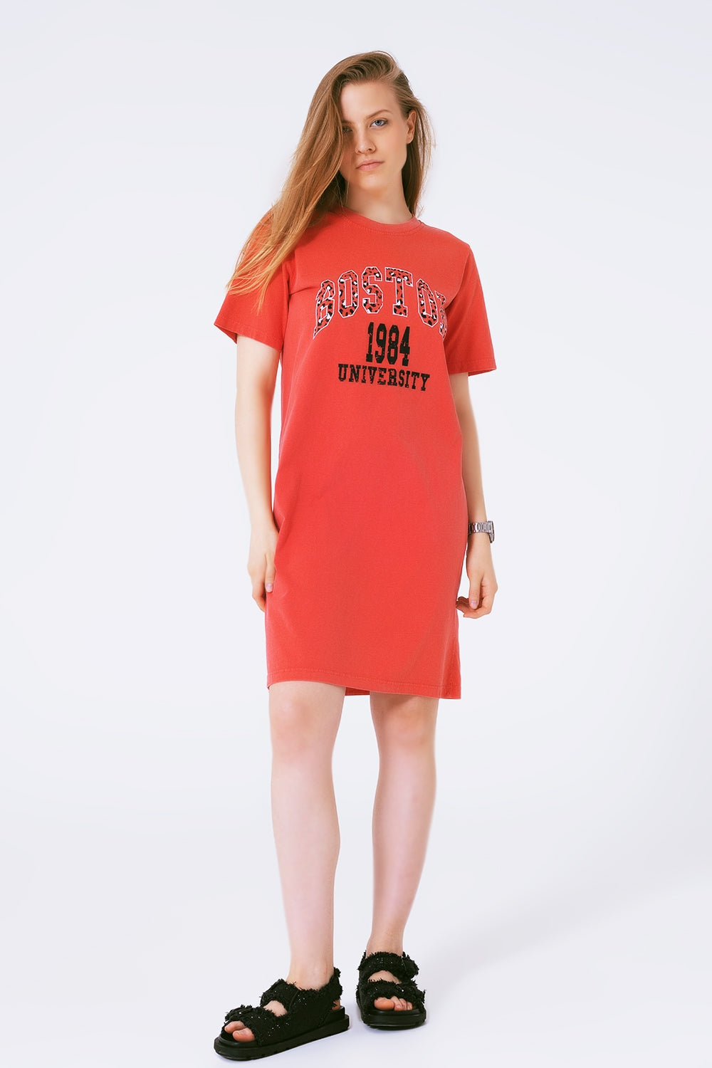 Vestido midi vermelho estilo camiseta Boston 1984 Universidade