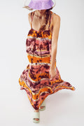 Vestido longo maxi com as costas abertas e estampa tropical em rosa