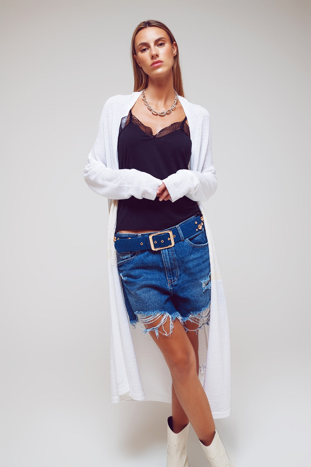 Cardigã midi de blocos de cor em branco