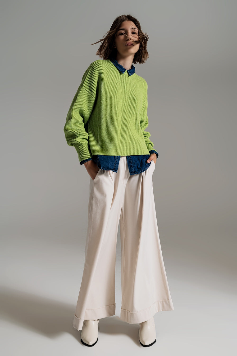 Camisola tricotado volumoso relaxado em verde