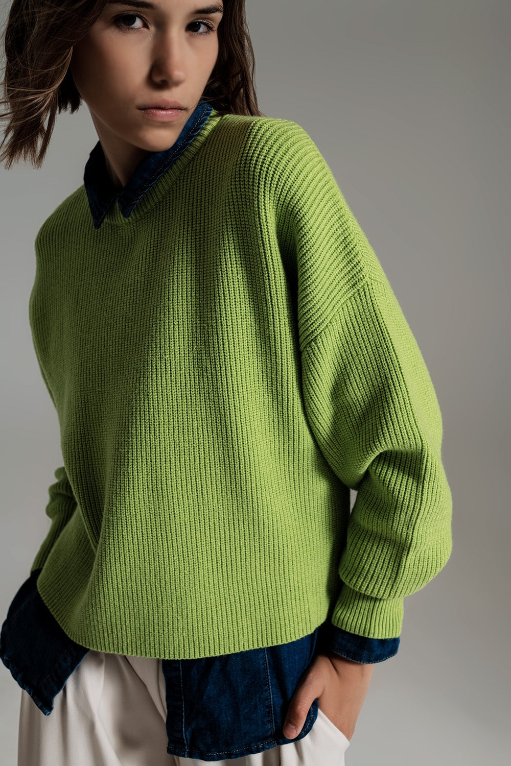Camisola tricotado volumoso relaxado em verde