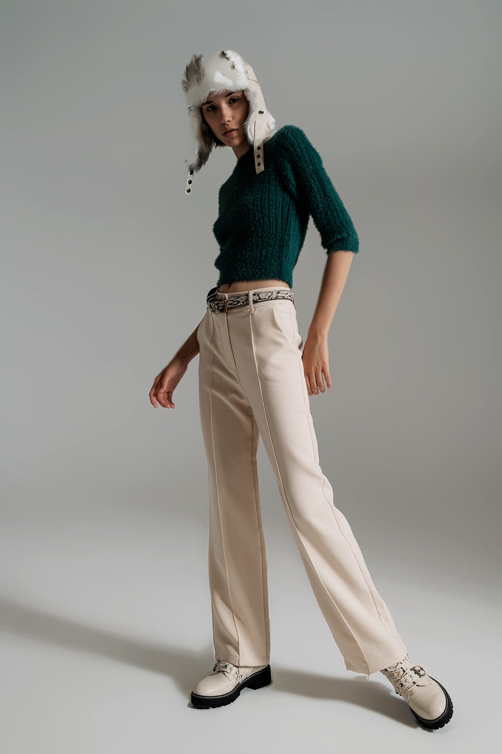 Camisola de malha fofo verde escuro com mangas 3/4