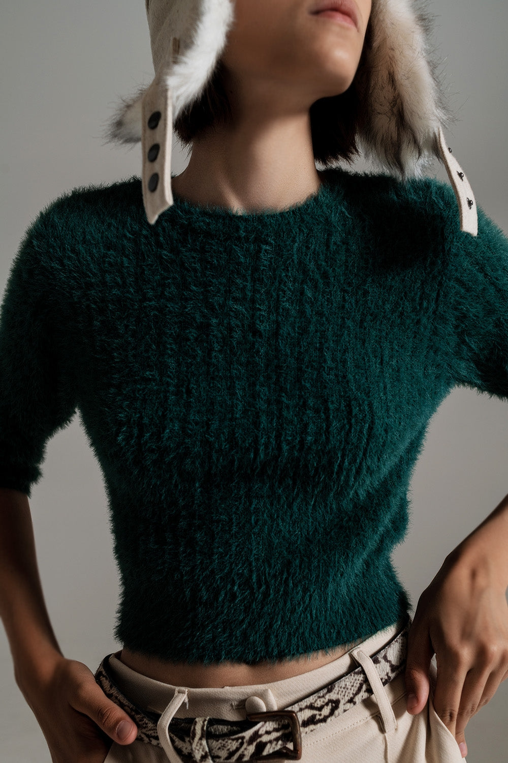 Camisola de malha fofo verde escuro com mangas 3/4