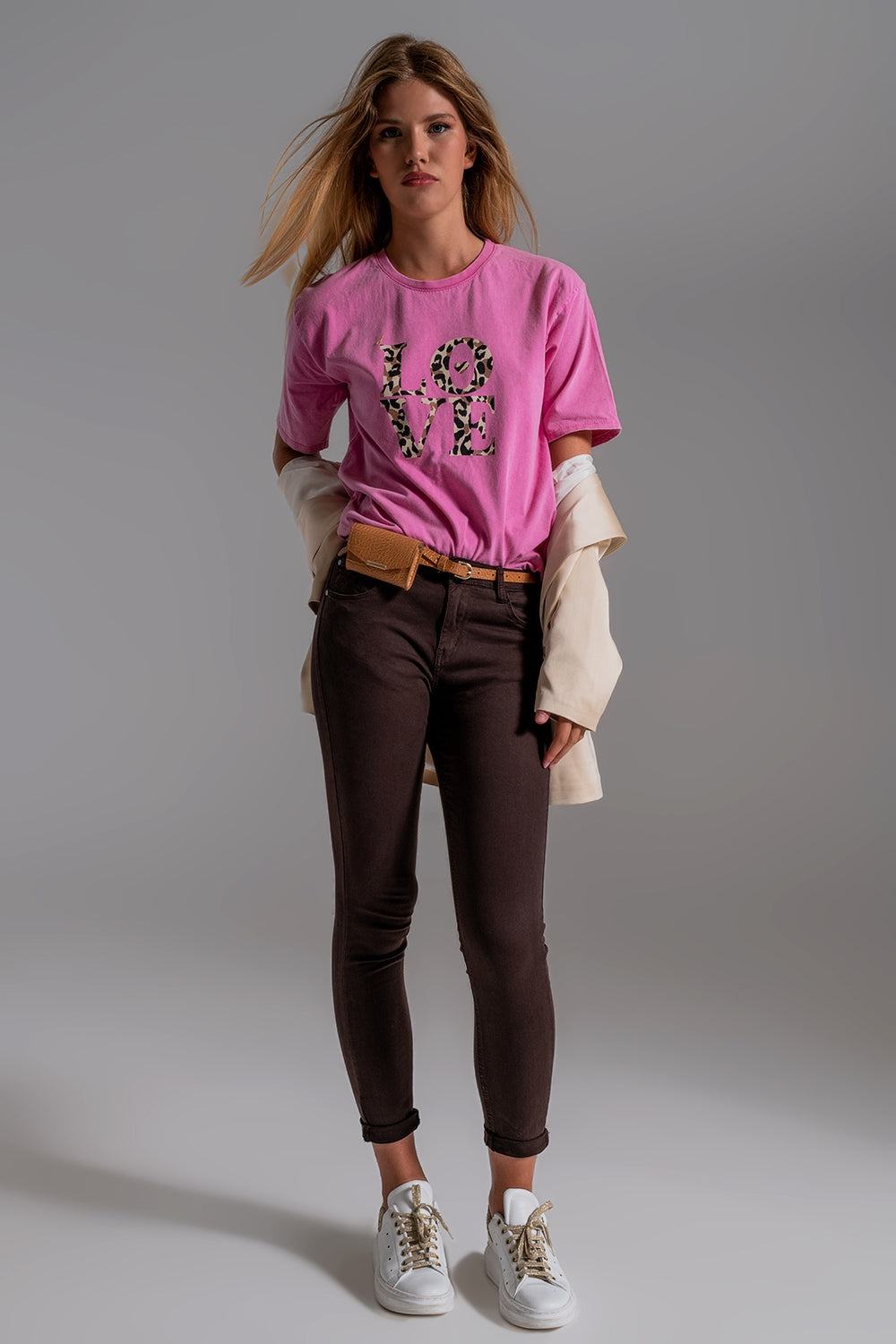 Calça de ganga skinny de cintura alta em marrom