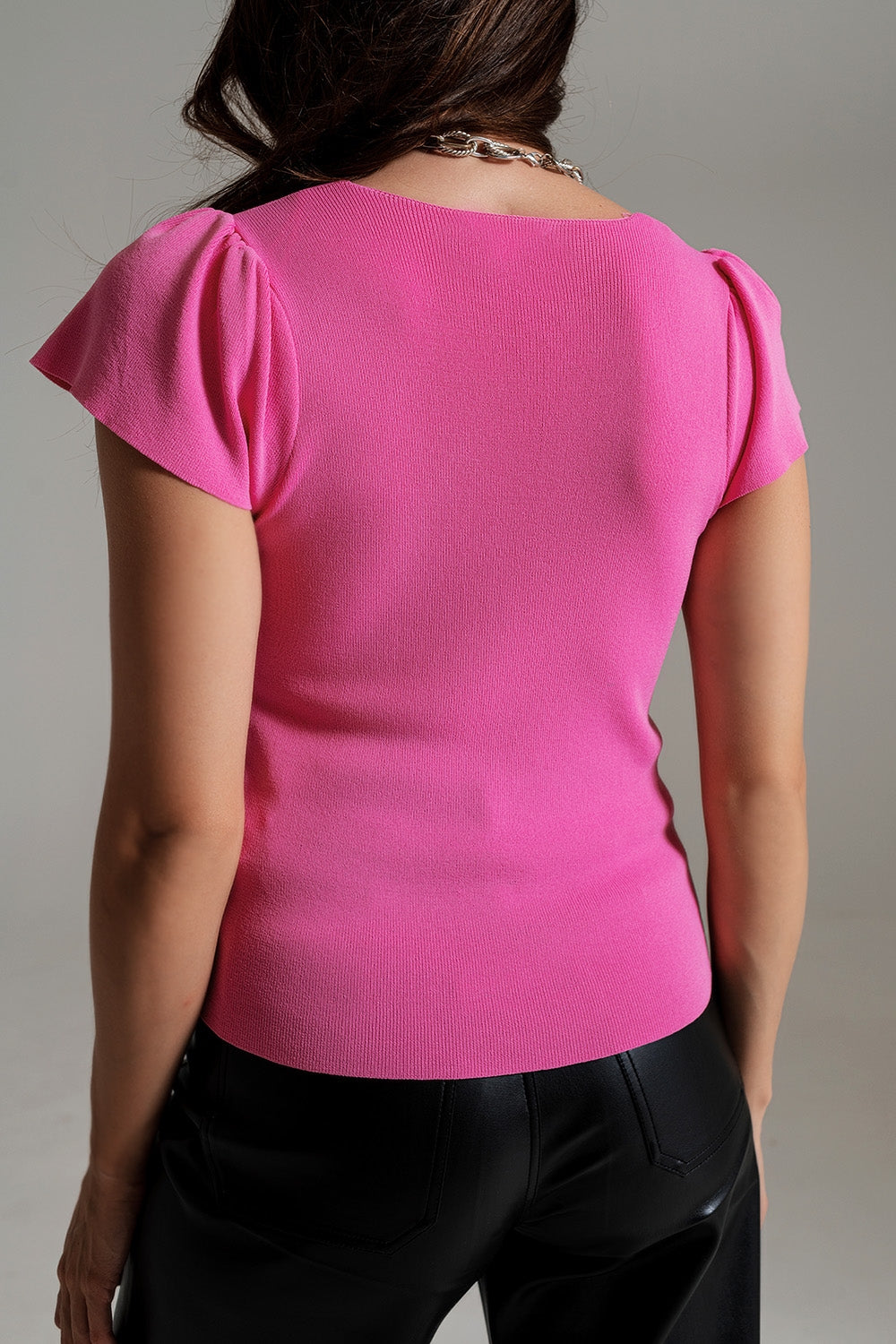 Camisola com decote quadrado e mangas bufantes em rosa