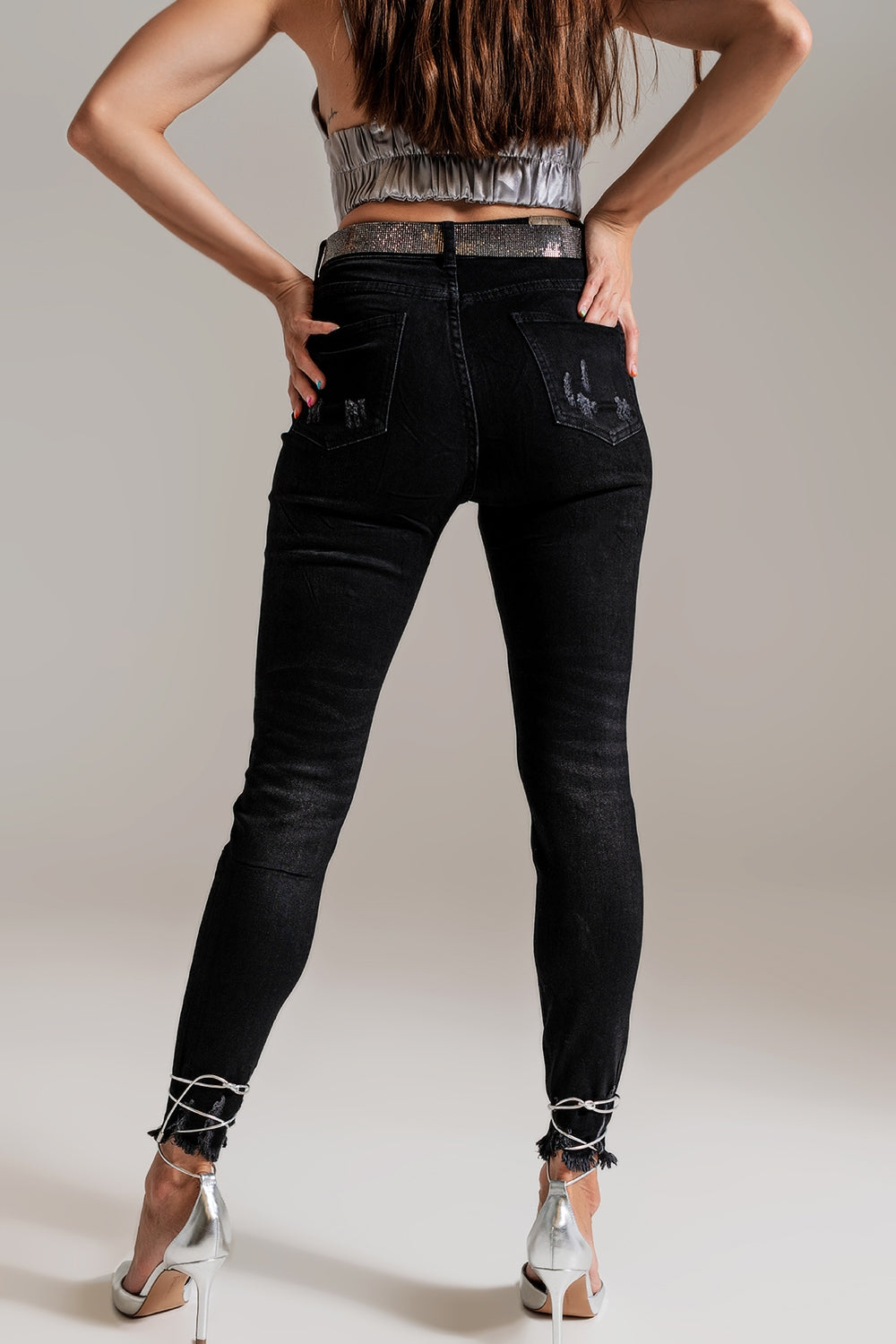 Calças de ganga Skinny com Detalhes Adornados em Lavagem Preta