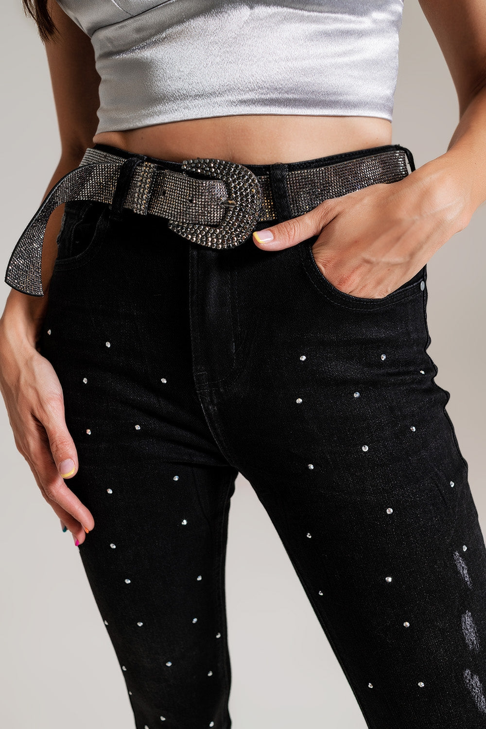 Calças de ganga Skinny com Detalhes Adornados em Lavagem Preta