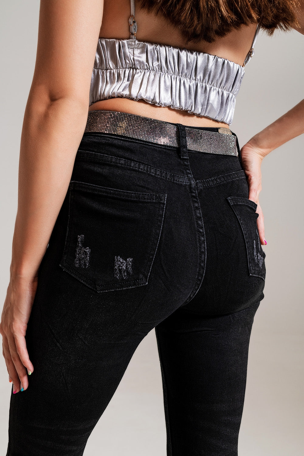 Calças de ganga Skinny com Detalhes Adornados em Lavagem Preta