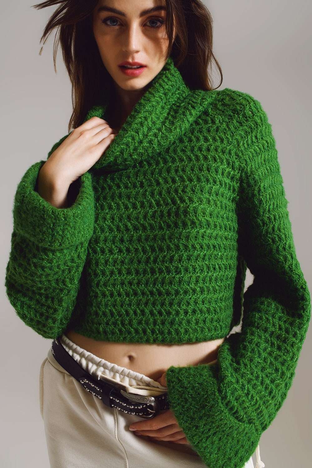 Camisola de Tricô Waffle com Gola Alta e Punhos Dobrados em Verde