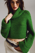 Camisola de Tricô Waffle com Gola Alta e Punhos Dobrados em Verde