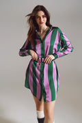 Vestido camisa curto listrado lilás e verde