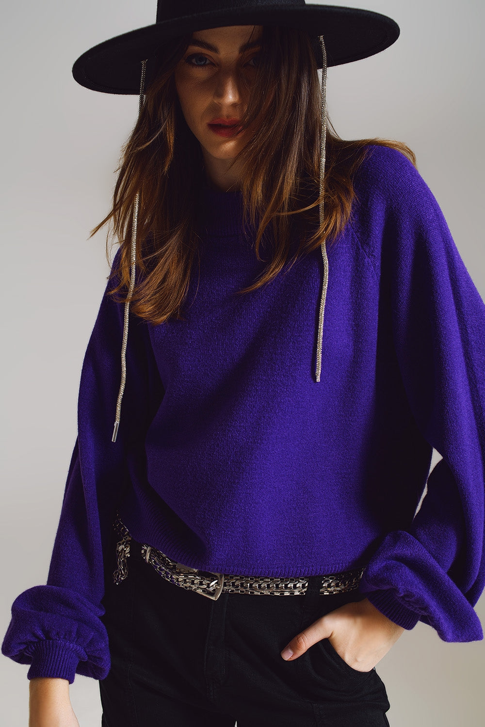 suéter roxo de estilo descontraído com mangas bufantes