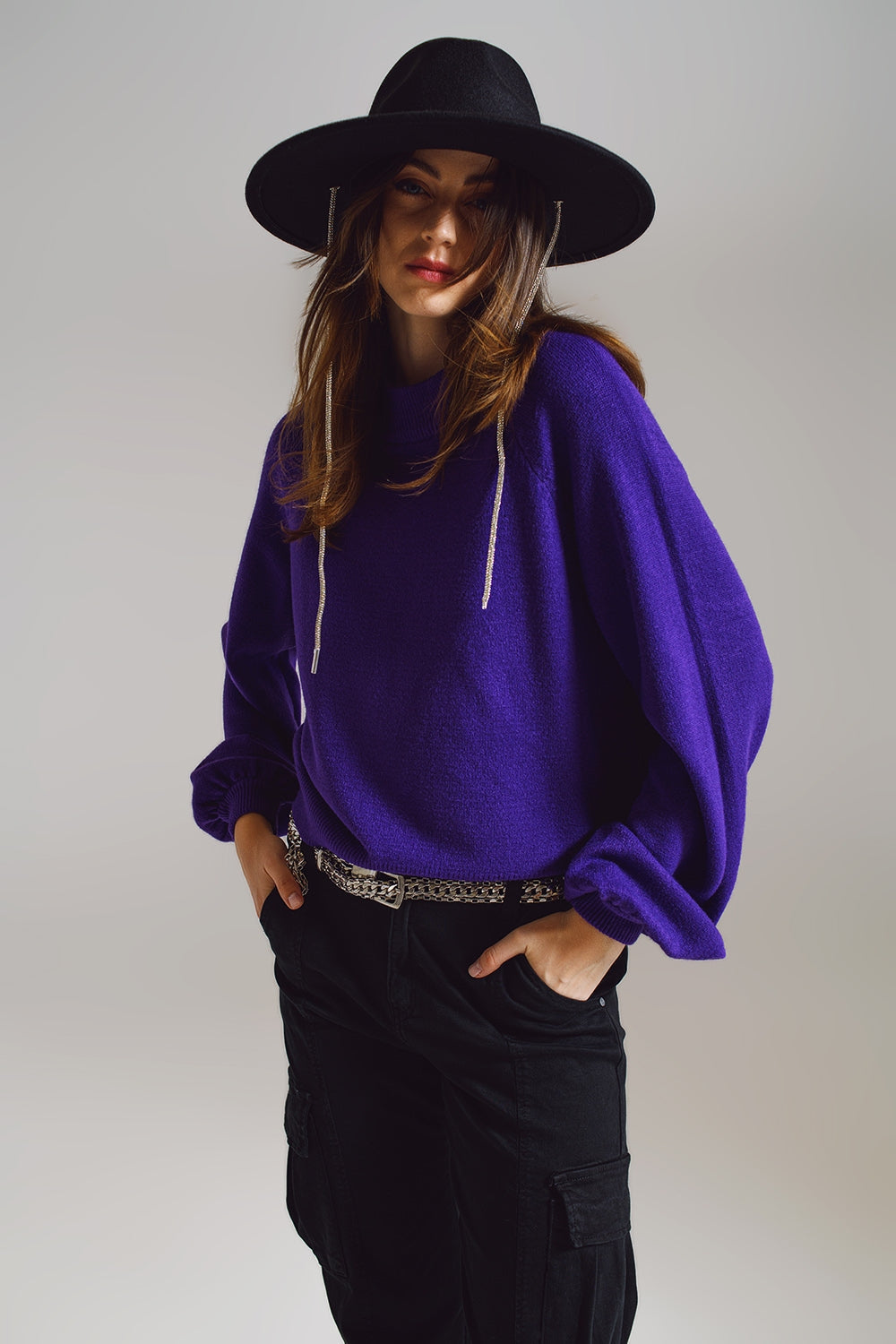 suéter roxo de estilo descontraído com mangas bufantes
