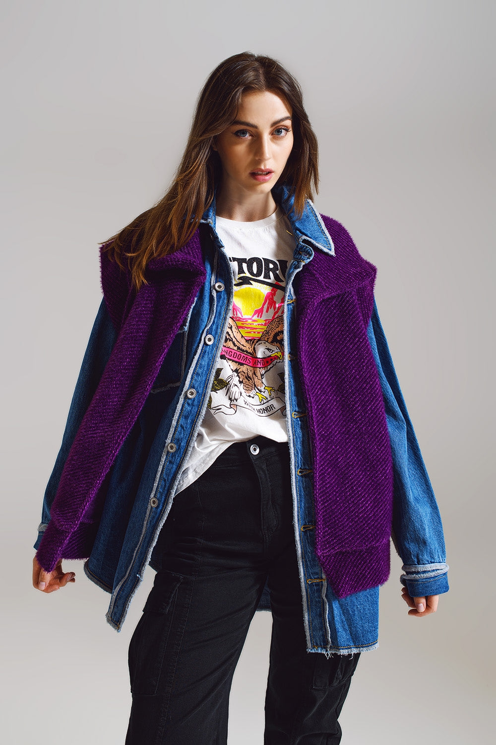 Gilet Aberto de Espinha de Peixe com Colarinho Estilo Xale em roxo