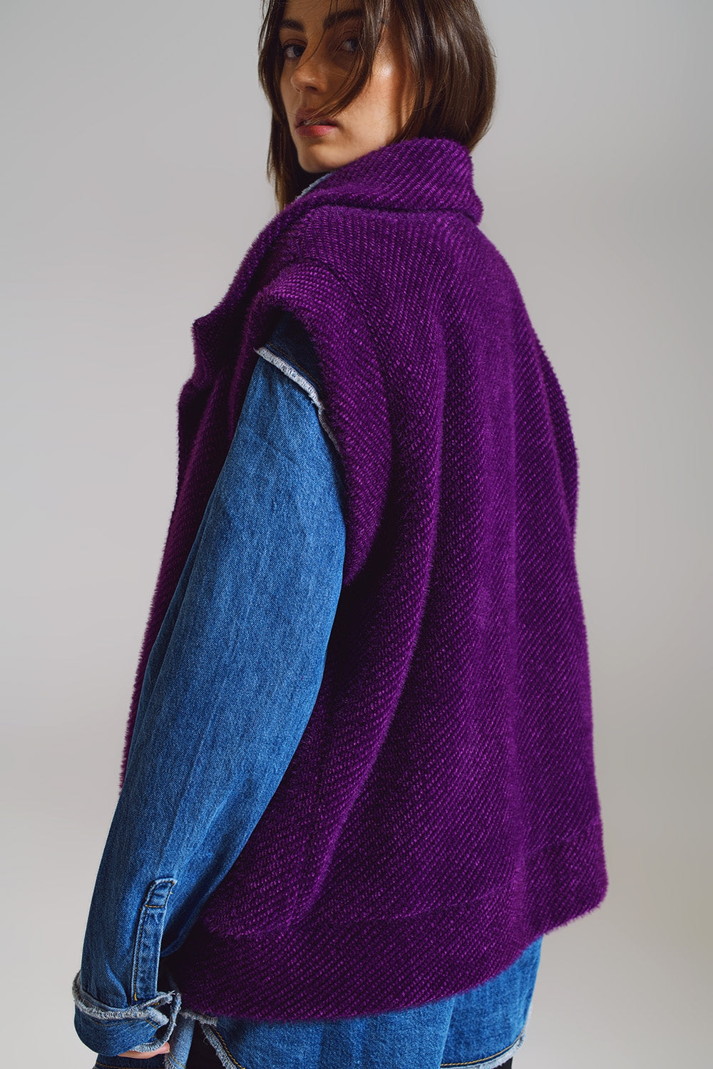 Gilet Aberto de Espinha de Peixe com Colarinho Estilo Xale em roxo