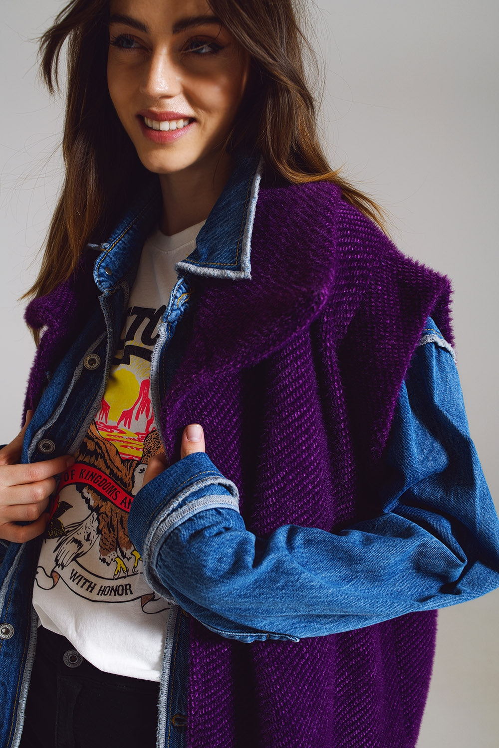 Gilet Aberto de Espinha de Peixe com Colarinho Estilo Xale em roxo