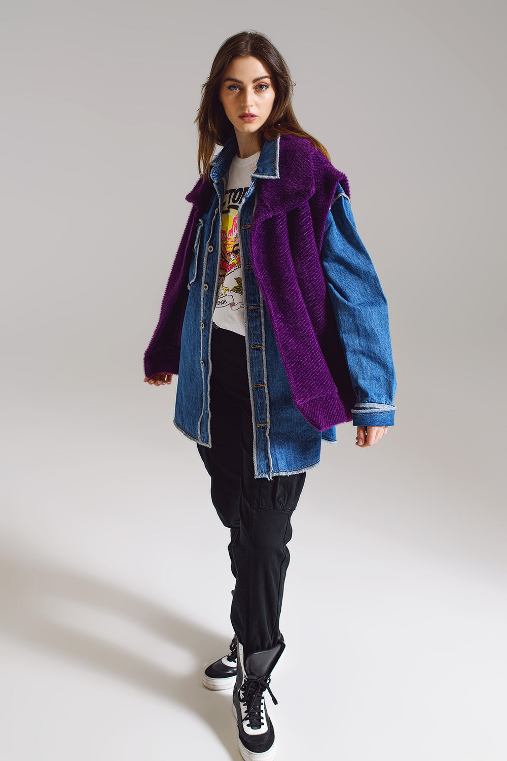 Gilet Aberto de Espinha de Peixe com Colarinho Estilo Xale em roxo