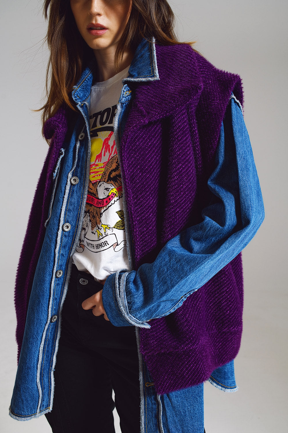 Gilet Aberto de Espinha de Peixe com Colarinho Estilo Xale em roxo