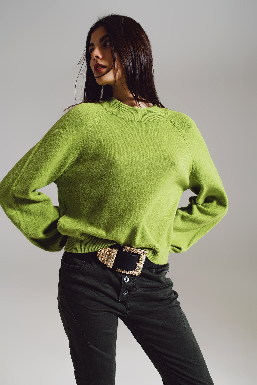 Camisola verde de estilo descontraído com mangas balão