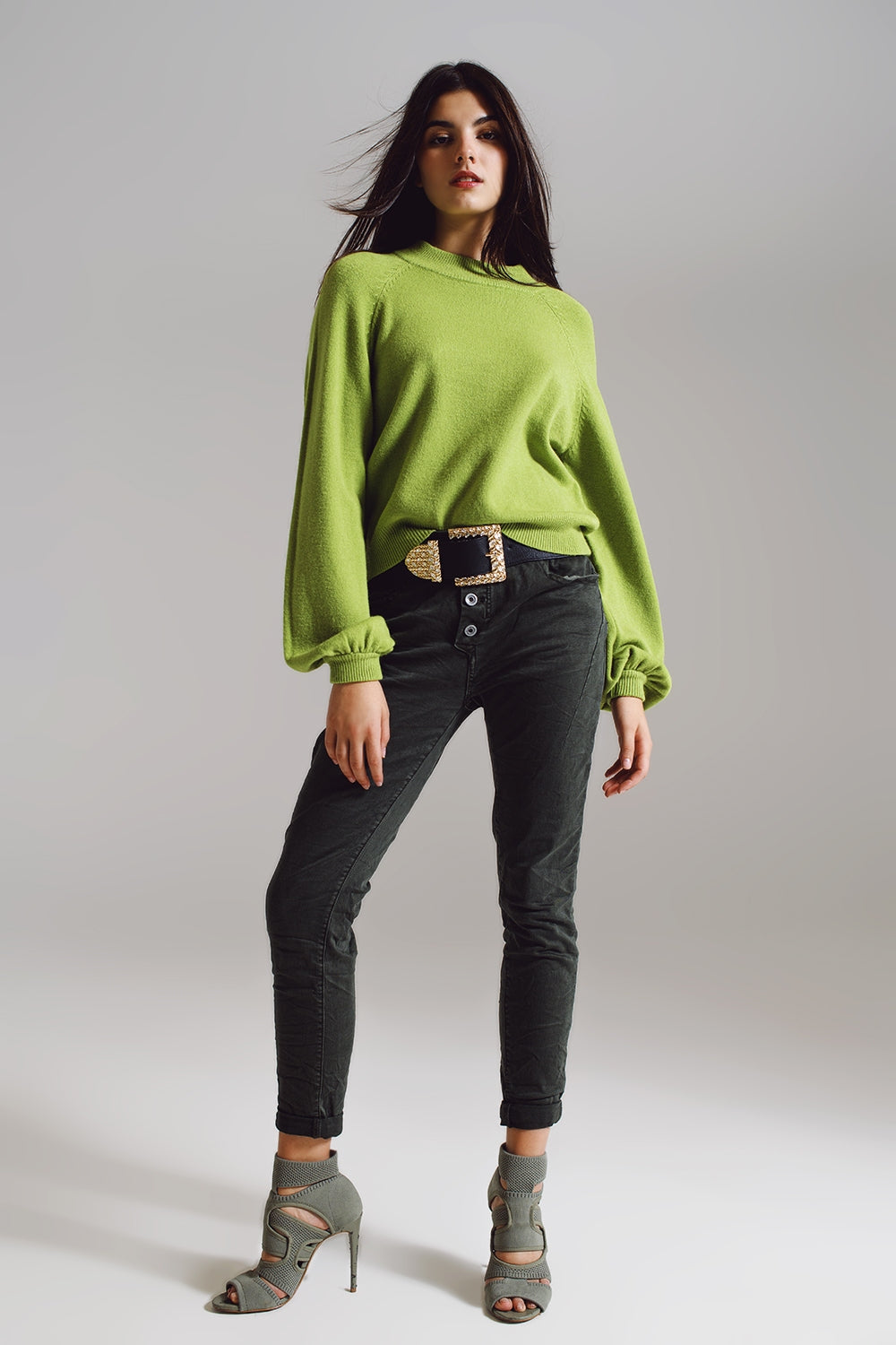 Camisola verde de estilo descontraído com mangas balão
