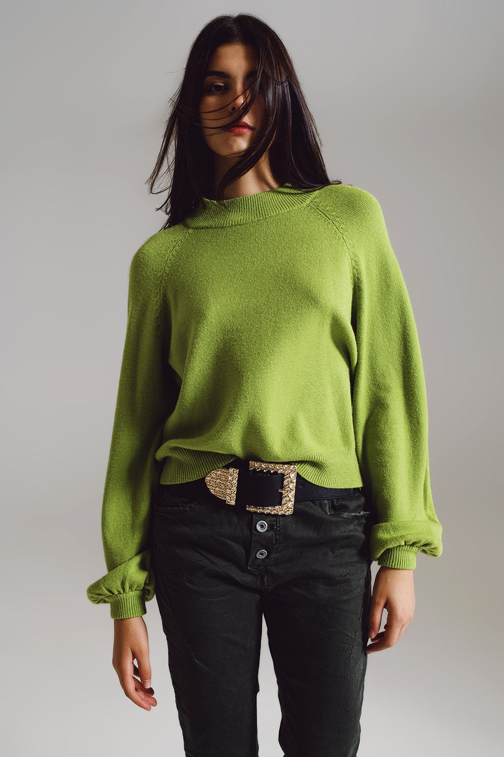 Camisola verde de estilo descontraído com mangas balão
