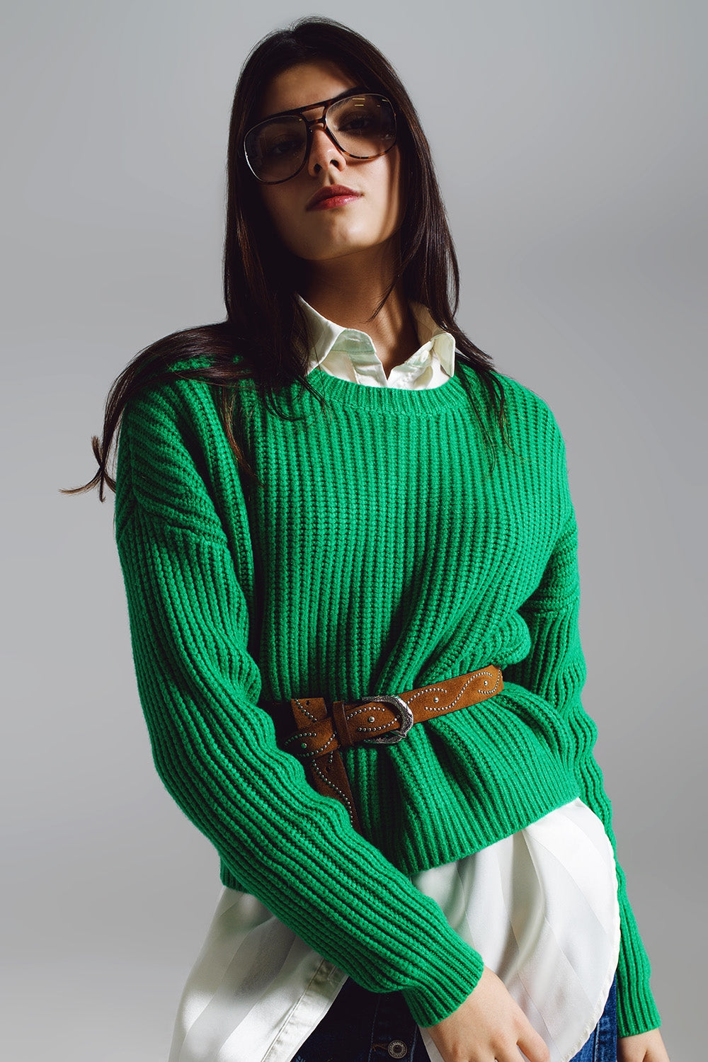 Camisa de malha tricotada descontraída em verde brilhante