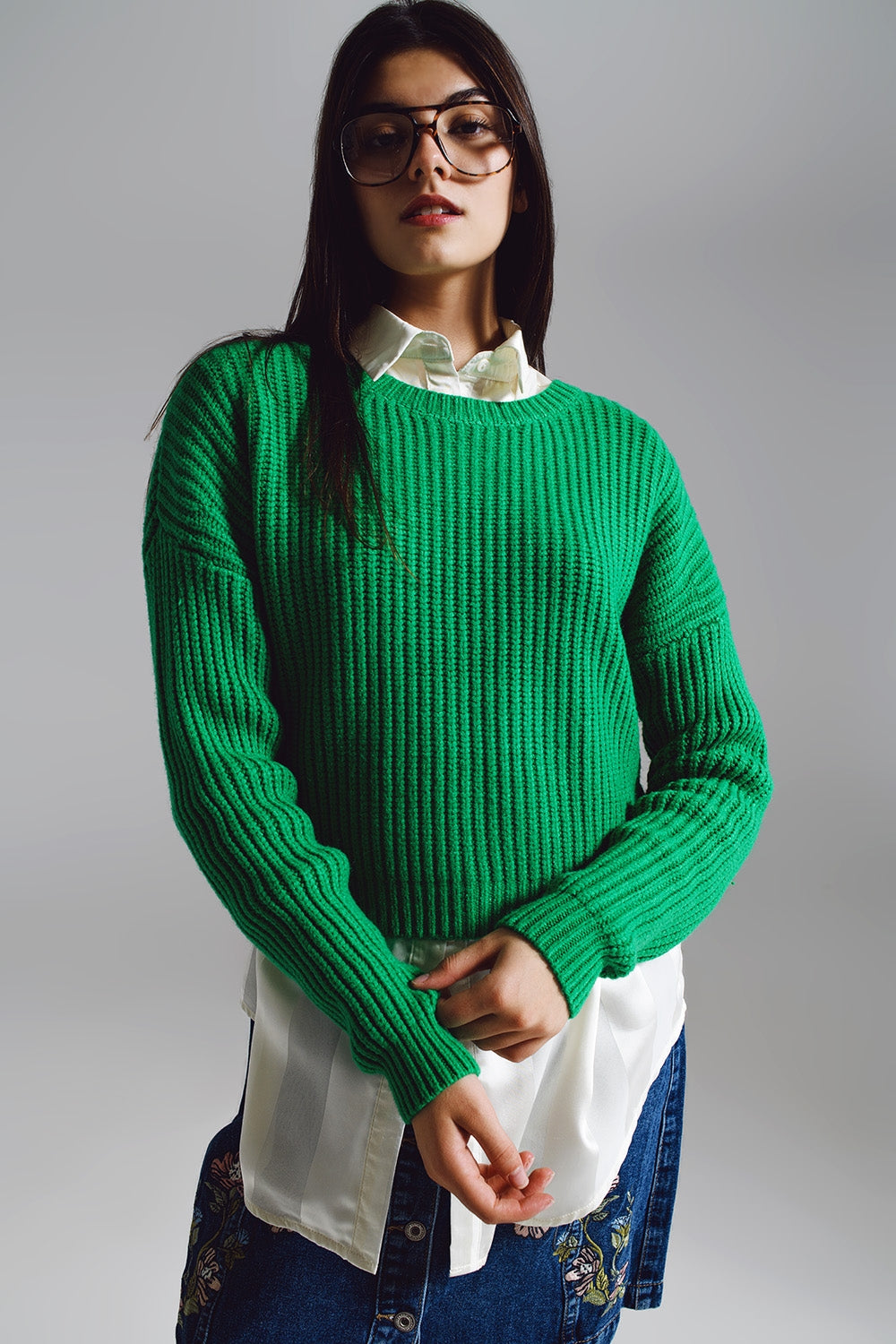Camisa de malha tricotada descontraída em verde brilhante
