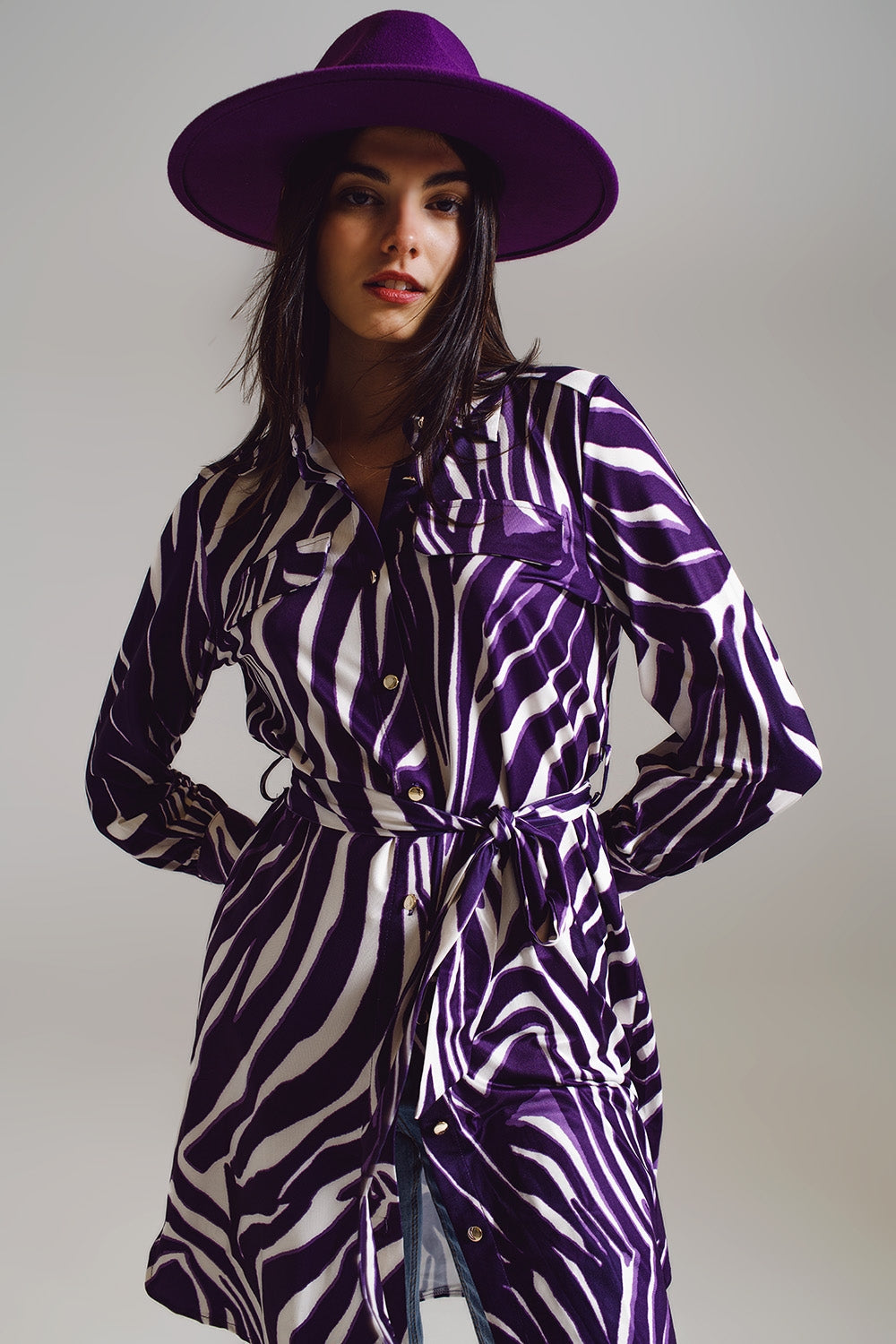 Vestido curto Midi com estampa de zebra em branco e roxo