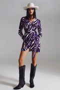 Vestido de manga comprida com cinto em Creme e Estampa de Zebra Roxa
