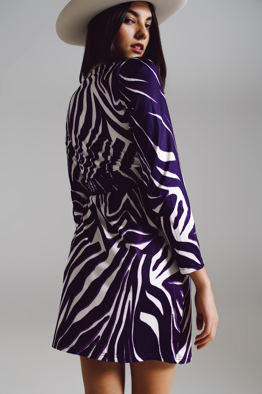 Vestido de manga comprida com cinto em Creme e Estampa de Zebra Roxa