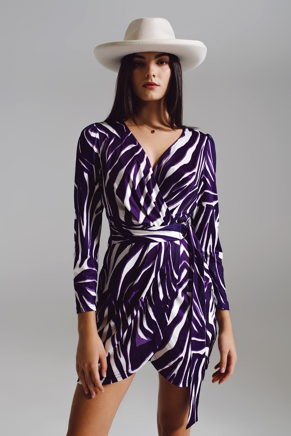 Vestido de manga comprida com cinto em Creme e Estampa de Zebra Roxa