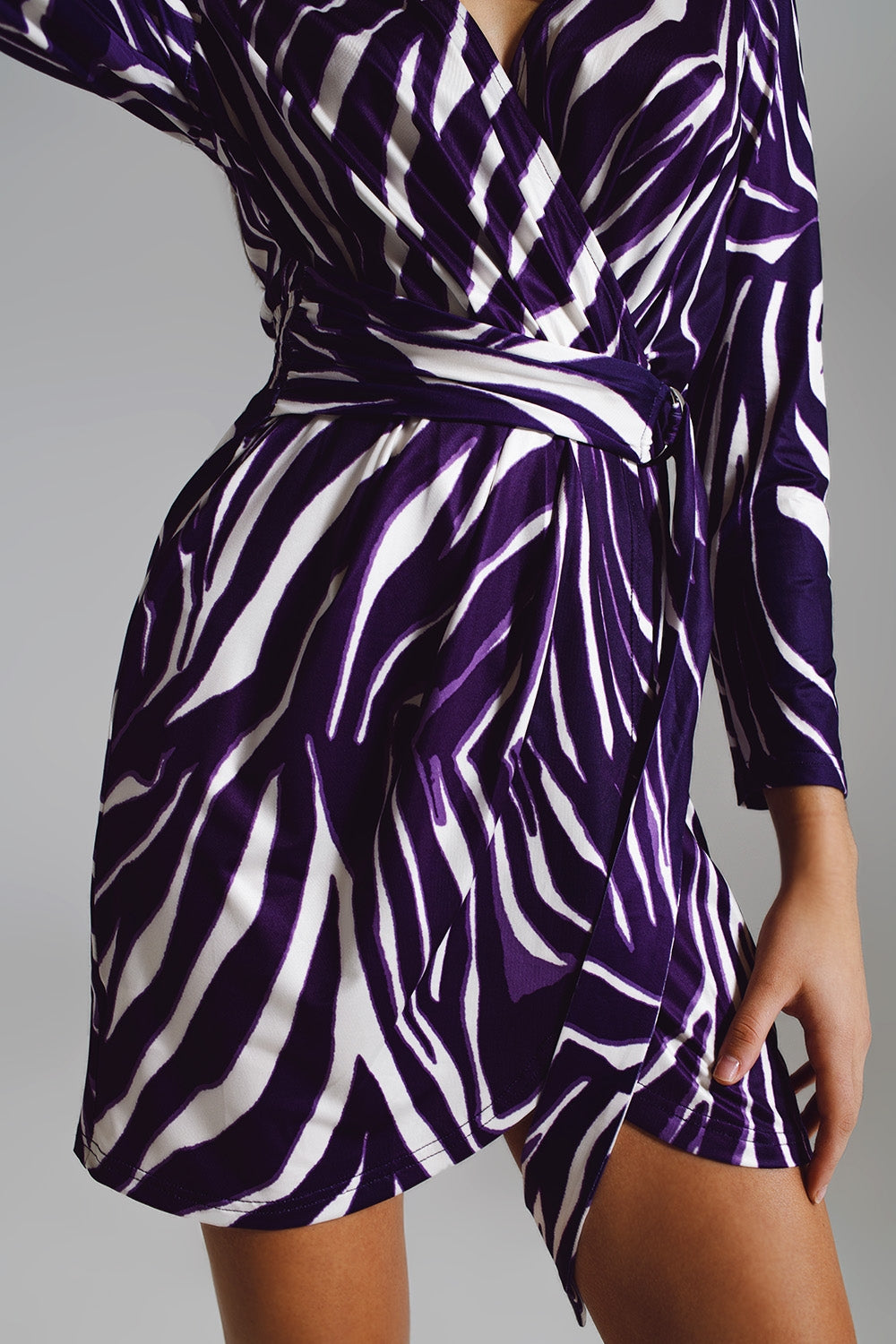 Vestido de manga comprida com cinto em Creme e Estampa de Zebra Roxa