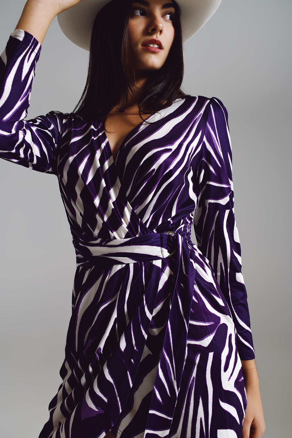 Vestido de manga comprida com cinto em Creme e Estampa de Zebra Roxa