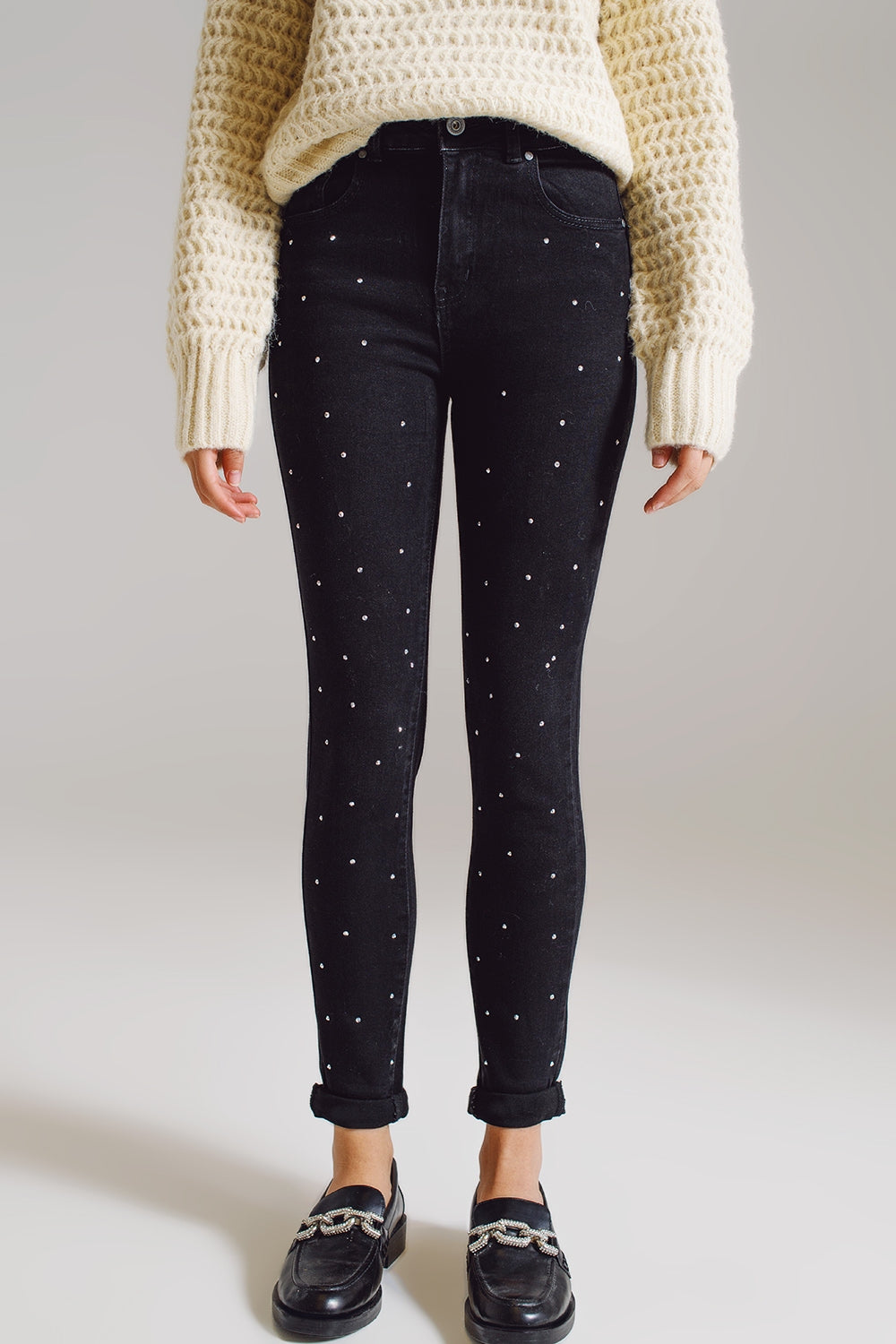 Calças de ganga skinny com apliques de strass em preto
