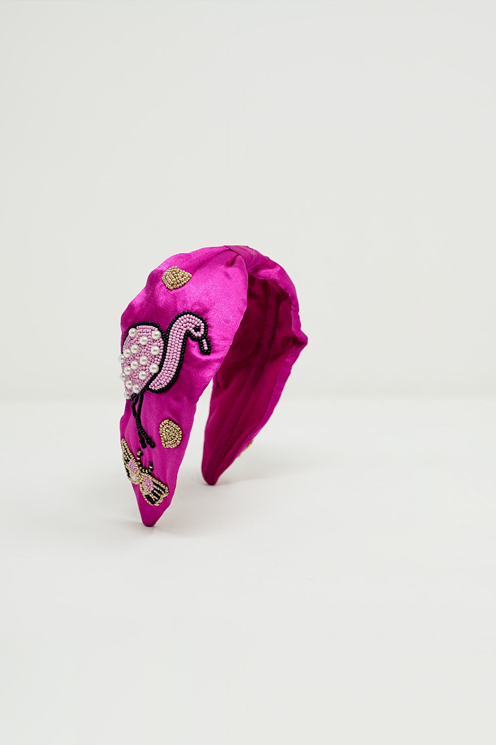 Diadema em Cetim Rosa Choque com Flamingos Bordados