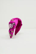Diadema em Cetim Rosa Choque com Flamingos Bordados